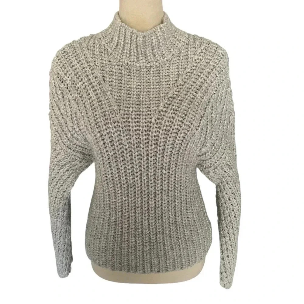 Express Wool Blend Mock Neck Chunky Cable Knit Metallic Threads Women Sweater M - Picture 3 of 8